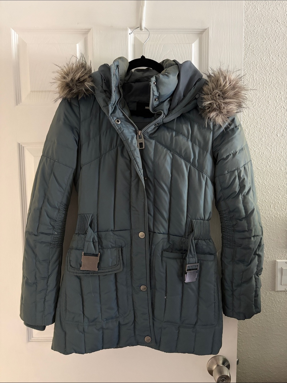 Miss Sixty Quilted Down Hooded Puffer Coat with Faux-Fur Trim in Blue Green